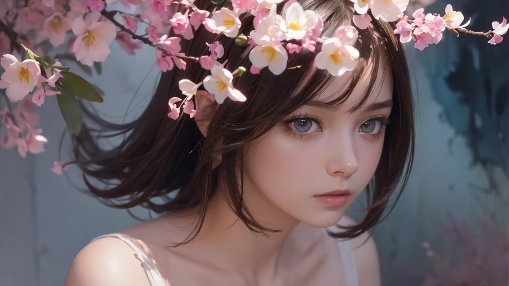 32k, Masterpiece, Highest quality, One girl, Brown Hair, Detailed eyes, flower,Freesia, Pink and navy style,A dreamy, romantic piece,Pale yellow, Mysterious Leaves,A playful arrangement,Fantasy,High Contrast,Ink strokes,explosion,Exposure, Impression of pink and navy tones,Abstract,((Watercolours by John Berkey and Jeremy Mann )) Brush strokes,Negative Space, Tyndall effect,