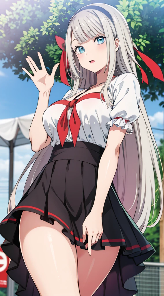 Without skirt、The skirt is flipped up、Without skirt、White underwear、In underwear、Panties in full view、White panties、 1, 1girl, asahina mikuru, long hair, kita high , solo,  short sleeves, red ribbon, large breasts, cowboy shot, waving, outdoors, Underwear in full view、スカート無し