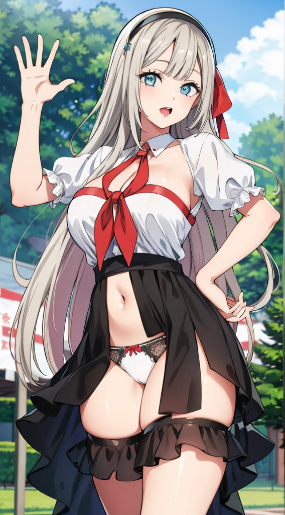 スカート捲り、Without skirt、The skirt is flipped up、Without skirt、White underwear、In underwear、Panties in full view、White panties、 1, 1girl, asahina mikuru, long hair, kita high , solo, short sleeves, red ribbon, large breasts, cowboy shot, waving, outdoors, Underwear in full view、スカート無し