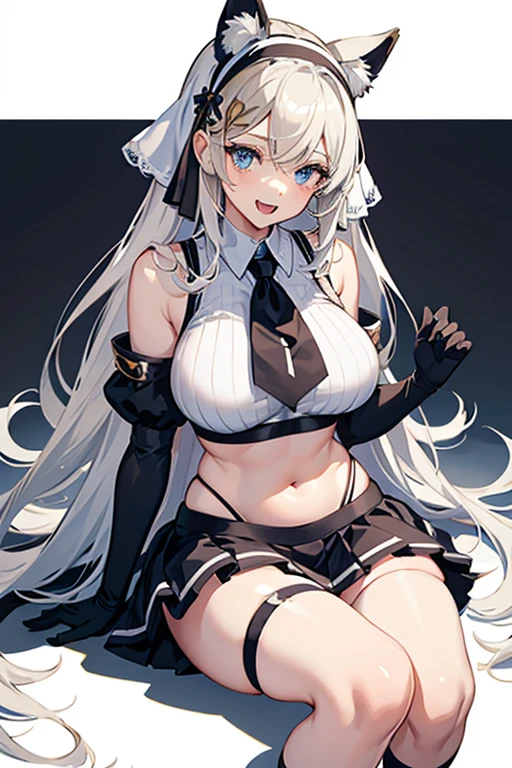 one woman, solo, long hair, breasts, looking at viewer, smiling, open mouth, blue eyes, skirt, simple background, brown hair, knee-highs, gloves, white background, ribbon, navel, animal ears, exposed shoulders, underwear, tail, hair ribbon, ponytail, white hair, :d, thighs, multi-colored hair, pleated skirt, hairband, very large breasts, , large breasts, sleeveless, elbow gloves, fangs, abdomen, striped, white gloves, miniskirt, sailor collar, stomach, two-tone hair, blue skirt, striped hair, crop top, neckerchief, cosplay, skin dentation, high-cut, striped knee-highs, , black hair, hair accessories, gloves, sitting, yellow eyes, thighs, white gloves, exposed navel, thigh straps, heterochromia, skimpy clothing, nun, nun's habit, chest curtain