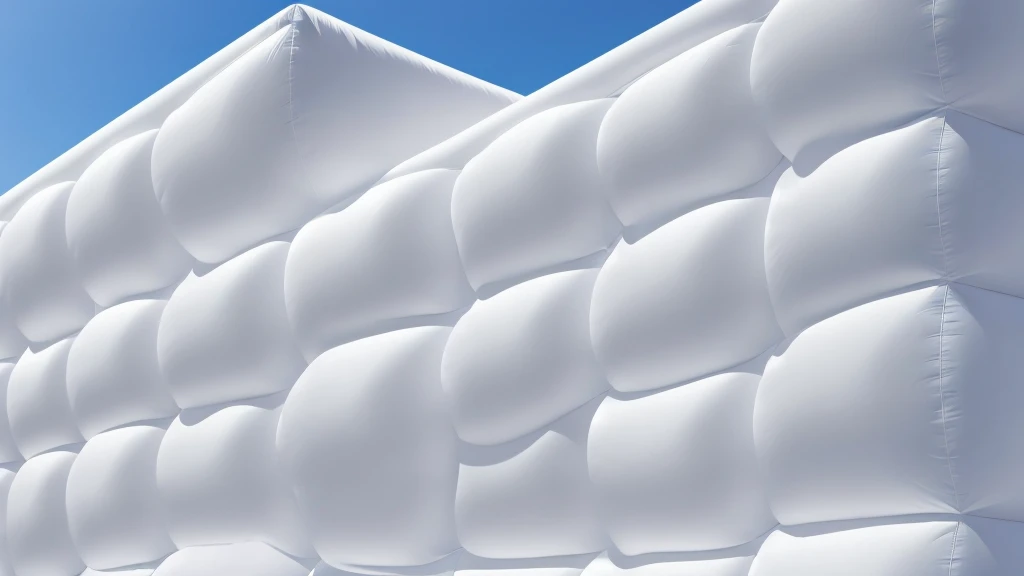 A wall composed of inflatable blocks,Realistic of a inflatable installation in the shape, white inflatable plastic film material, wrapped in a white polyester sheet. close-up,Front view,minimalist, most best quality,32K Ultra HD, super detail, best quality, highres, high details,Top view