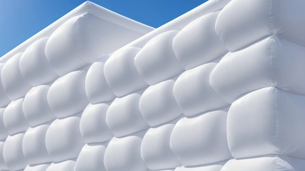A wall composed of inflatable blocks,Realistic of a inflatable installation in the shape, white inflatable plastic film material, wrapped in a white polyester sheet. close-up,Front view,minimalist, most best quality,32K Ultra HD, super detail, best quality, highres, high details,Top view