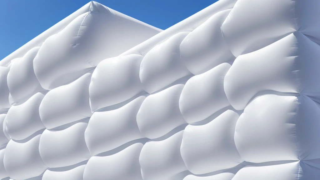 A wall composed of inflatable blocks,Realistic of a inflatable installation in the shape, white inflatable plastic film material, wrapped in a white polyester sheet. close-up,Front view,minimalist, most best quality,32K Ultra HD, super detail, best quality, highres, high details,Top view