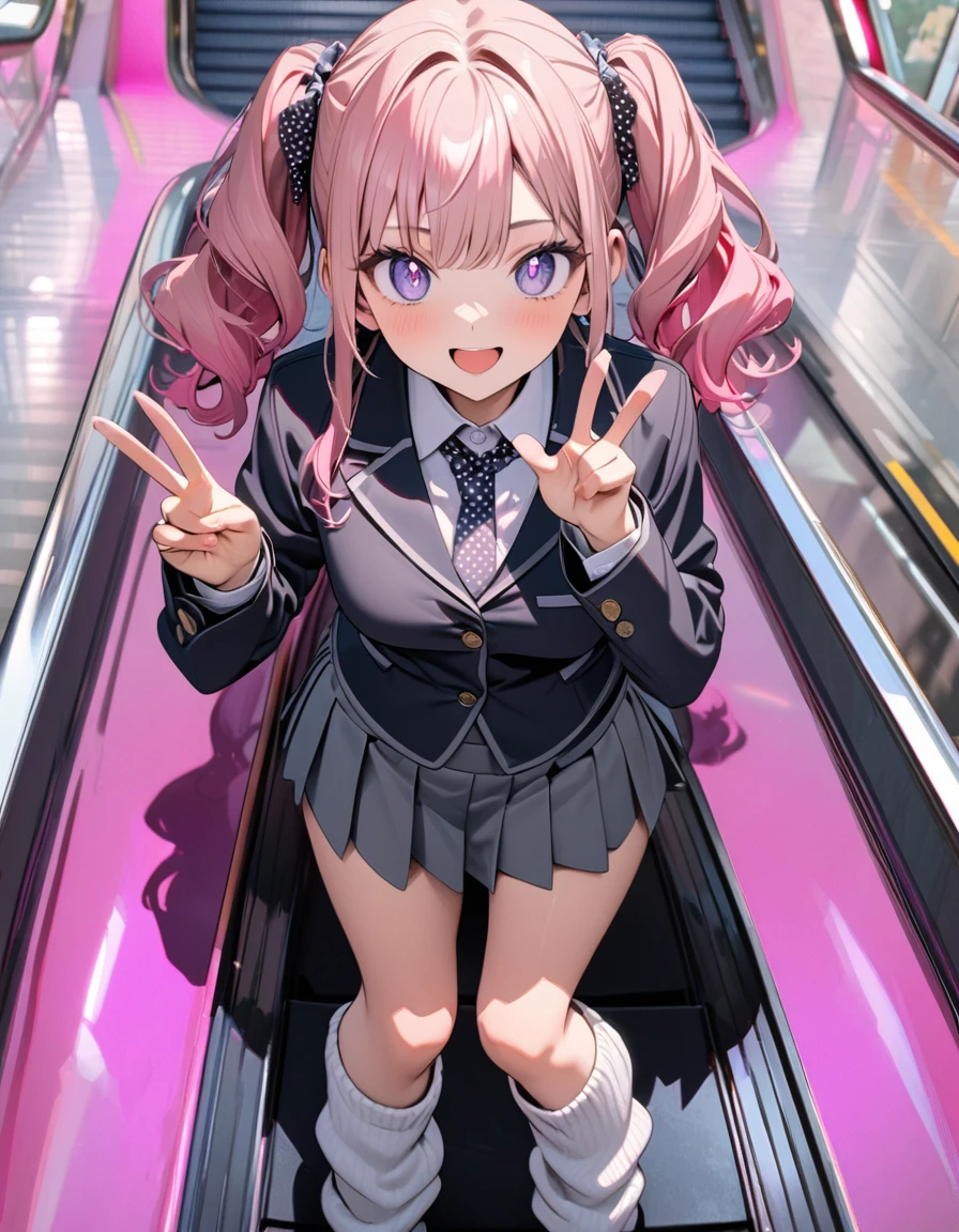 (8K, best quality, master piece: 1.2), super high resolution,1 girl,,solo,1ultra-detailed face,detailed eyes,sparkling pupils,Mascara,Bubblegum Pink hair,natural wave hair,twintails,amethyst Eyes,(scrunchie,blazer,Short pleated skirt),(gray:1.5),navel,polka-dot pattern Ribbon tie,happy,medium breasts,((loose socks)),(making a peace sign),リムライト,standing on a down escalator,Look at Viewer