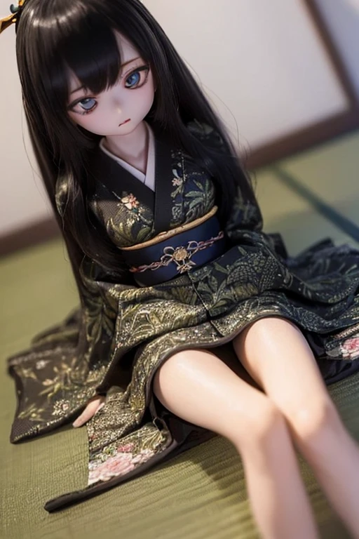 photorealistic, realistic photo, ((highest quality)), ((masterpiece)), (extremely detailed), kukolnydom, doll, (mature woman, 22yo, 22 years old:1.6), solo, ((eye level shot, sitting on tatami, arms on sides, skinny, slender, slim, parted lips, black kimono, kanzashi)), green eyes, black hair, long hair, (looking down, blank eyes, empty eyes, detailed eyes, detailed face:1.3), obi, hair ornament, Japanese room, 8k