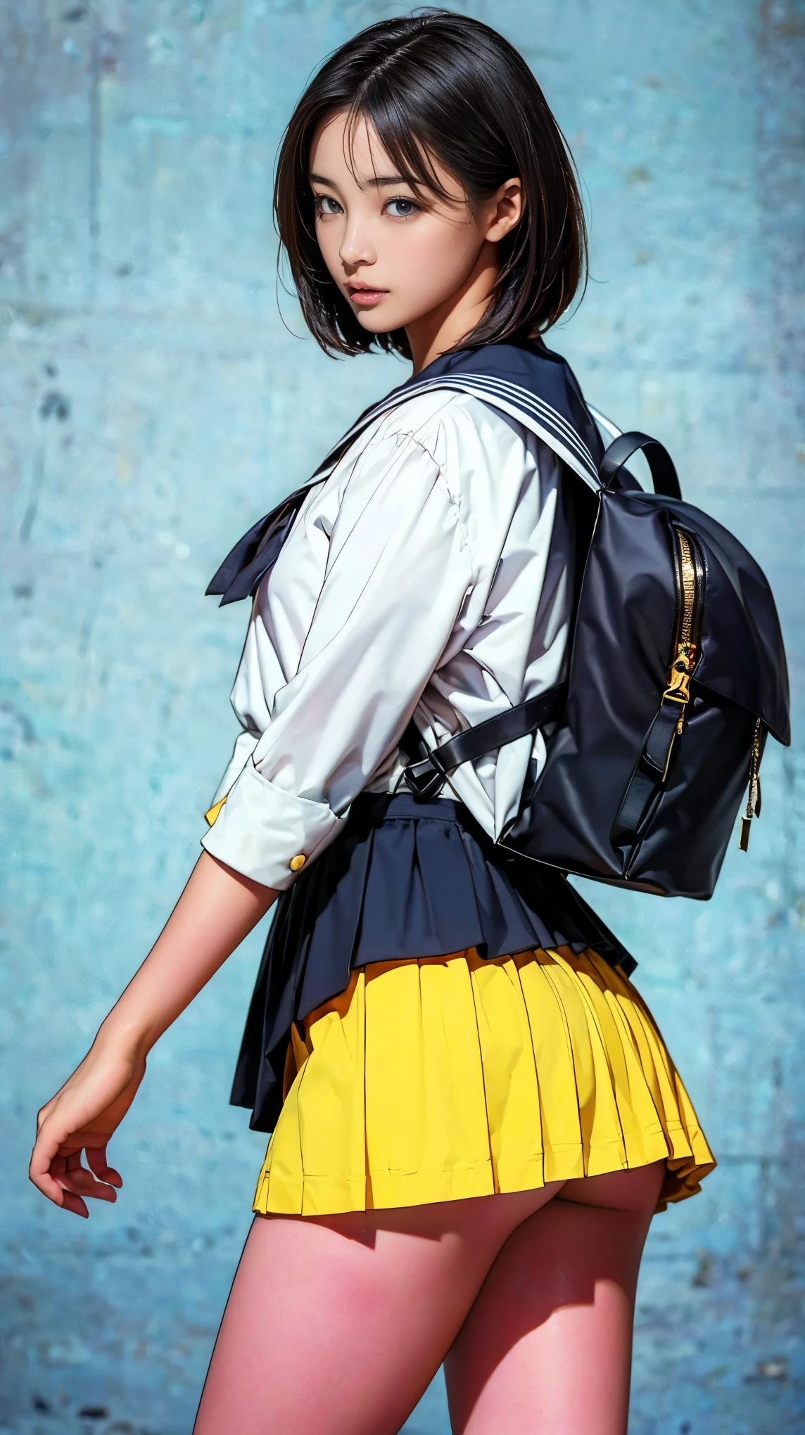 (((Accidental exposure, 15-year-old girl, Sailor suit, rucksack, Skirt caught in bag:1.3, I flipped up my skirt, Beautiful ass, panties))), (masterpiece:1.3), (8K, Realistic, RAW Photos, Highest quality: 1.4), Japan , (1 Girl), Beautiful Face, (Realistic face), (Black Hair, short hair:1.3), Beautiful hairstyle, Realistic eyes, Beautiful Eyes, Beautiful Eyes, (Realistic skin), Beautiful Skin, Long legs, charm, Ultra-high resolution, Golden Ratio