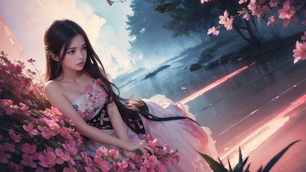32k, Masterpiece, Highest quality, One girl, Detailed eyes, flower,Sandersonia, Pink and brown style,A dreamy, romantic piece,Pale pink, Mysterious Leaves,A playful arrangement,Fantasy,High Contrast,Ink strokes,explosion,Exposure, Impression of pink and brown tones,Abstract,((Watercolours by John Berkey and Jeremy Mann )) Brush strokes,Negative Space, Tyndall effect,