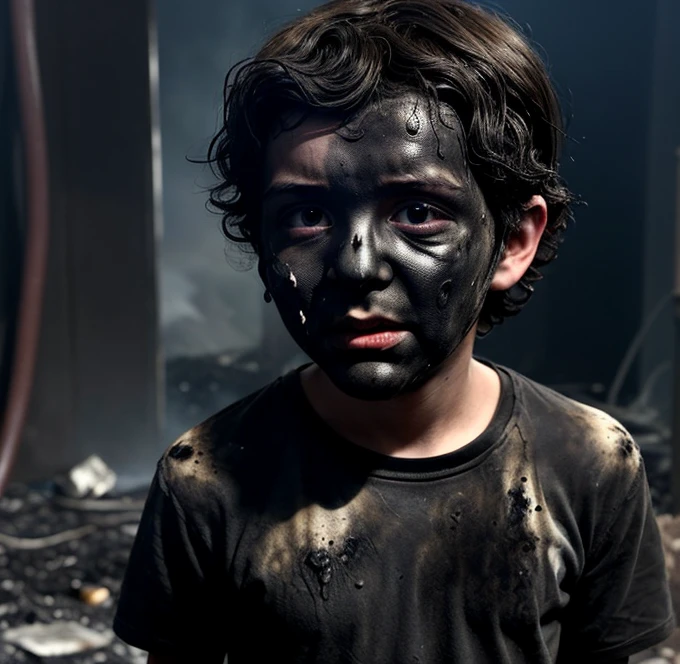 Boy covered in soot during an explosion scene in a comedy drama