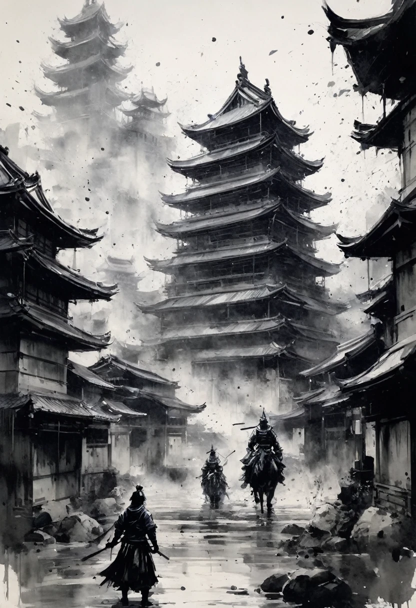 Black and white painting,Ink Painting,splash,indian style,Mamba Hair,samurai armor,disembowelment,japanese castle,