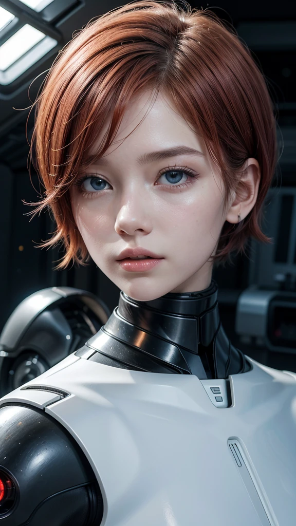 BlackRobot ai, woman, white, redhead, short hair, future,