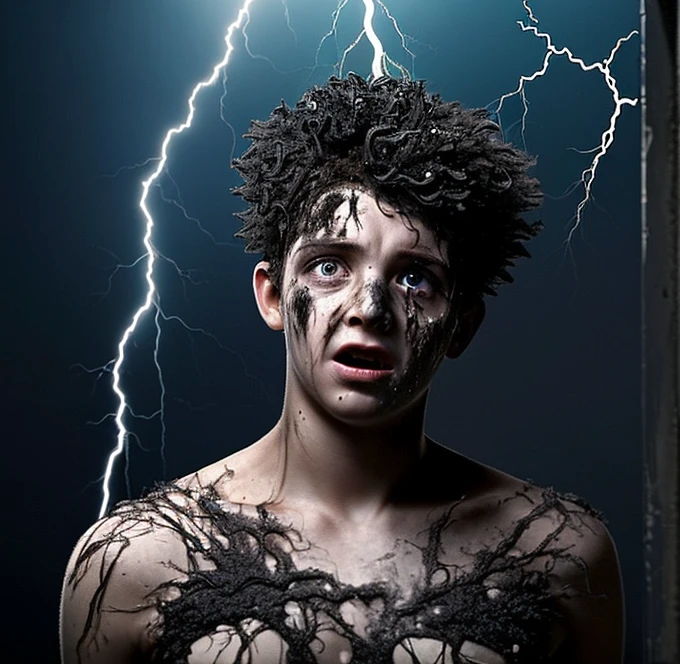 A boy is struck by lightning and electrocuted, leaving him completely covered in soot and in tatters in a comedy drama