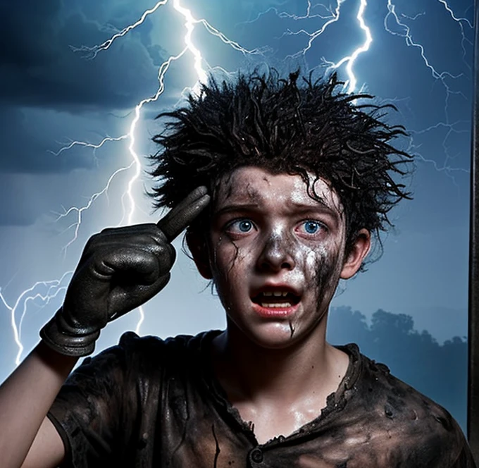 A boy is struck by lightning and electrocuted, leaving him completely covered in soot and in tatters in a comedy drama