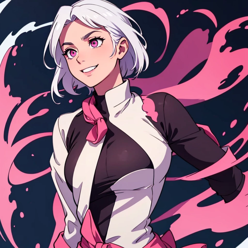 short white hair, highres, high resolution, masterpiece, wide dark pink eyes, looking left, looking towards the left, looking leftward, talking, grinning, confident, masterpiece, best quality, highres, 1 man, Gojo Satoru jujutsu kaisen, wavy hair, white hair, medium short hair, ager, colorful hair, light background, full body, teen, colorful parts, symbols, dark , bold, realistic mixing dark lines and loose lines, bold lines, on paper, human man, full body, imposing pose, stylish outfit, dark theme, beautiful, pretty, modest, standing, male, sharp chin, high cheekbones, white background, highres, high resolution, masterpiece, smile, happy, big smile, teeth showing smile, huge smile, mouth wide open smile