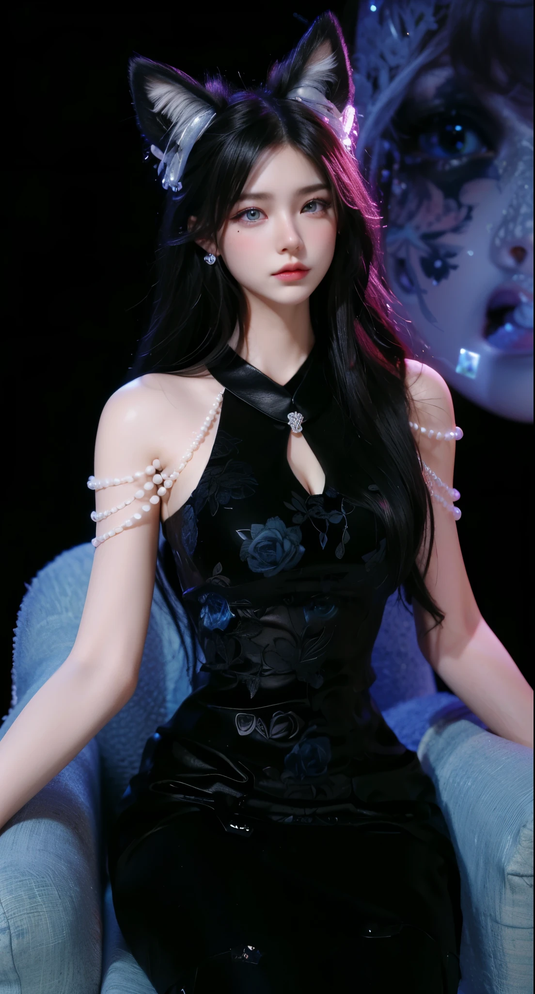 Game Art，Best image quality，Maximum resolution，8K，(A bust photo)，(portrait)，(Head close-up)，(Rule of Thirds)，Unreal Engine 5 rendering works，20 year old girl，((Queen))，The eyes are very detailed，(Large Breasts)，Elegance and nobility，Light，Light线追踪，Game CG，((3D Unreal Engine))，OC rendering reflection mode，4K，Ultra-clear，Sensual，Translucent lace，Fair and plump figure，Pretty Face，Light泽凝胶涂层，身着华贵礼服的Queen，Crystal Gem Crown，Necklace jewelry，blue eyes，The tattoo is very three-dimensional，Gorgeous and intricate tattoo designs，Ultra-clear portrait，Sexy body，Temple Princess，Sapphire eyes，Fine gold and diamond jewellery，Luxurious jewelry，Wearing diamond gemstone jewelry，Gorgeous jewelry all over the body，Pearl Necklace，Cat ears