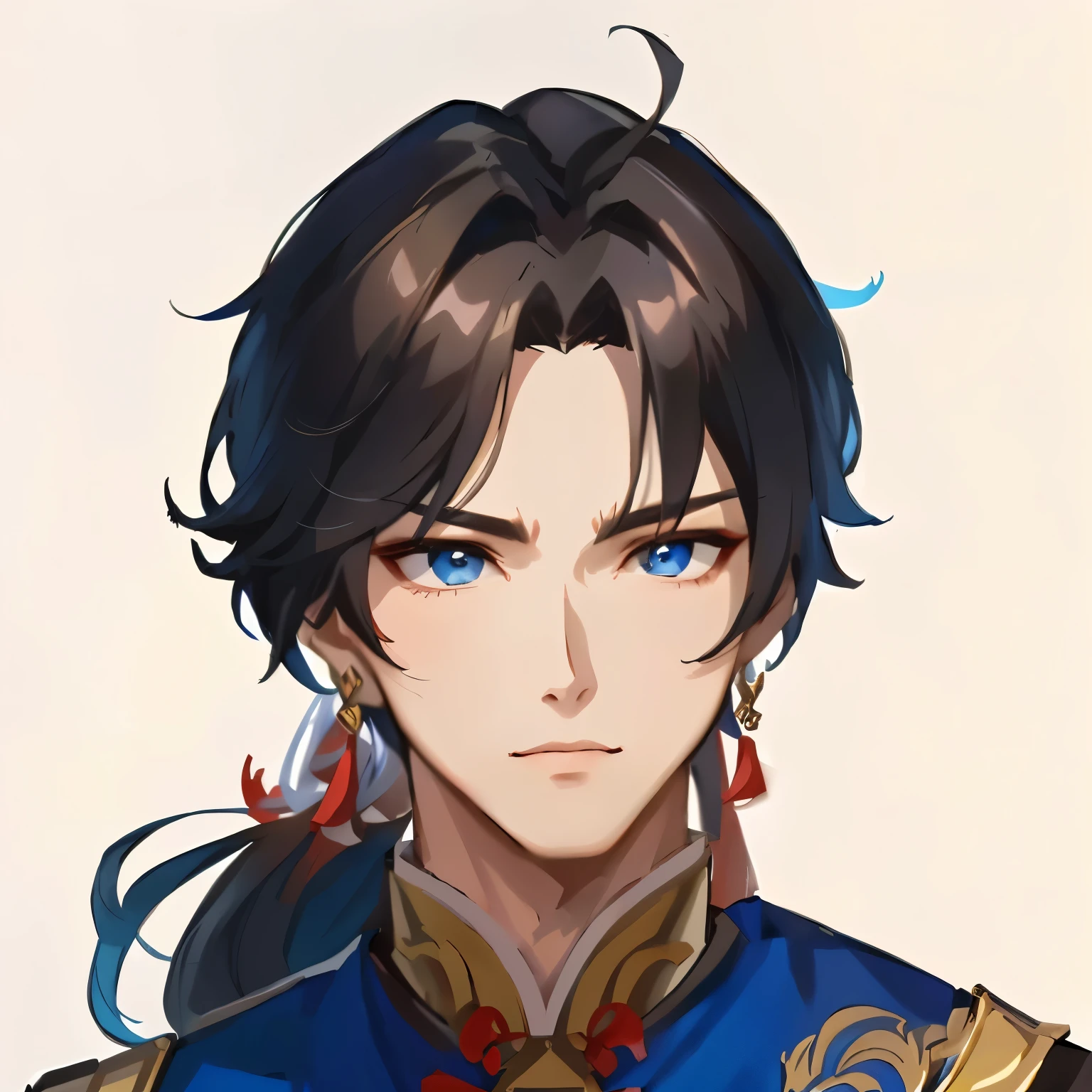 Wearing a blue shirt、Close-up of a person wearing a red necklace, beautiful androgynous prince, Keqing from genshin impact, heise jinyao, Delicate hermaphroditic prince, 《Genshin Impact》Zhongli, The handsome guy in Demon Slayer, zhao yun, author：Yang J, Inspired by Zhao Yuan, bian lian, by Li Zai