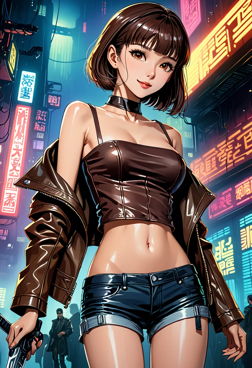 ((masterpiece,Highest quality:1.3)),cowboy shot,1woman、30-year-old beautiful detective、独奏,((very small head:1.5)),dark brown hair,short bob hair,blunt bangs,brown eyes,gorgeous eyes,shy,smile,medium breasts,((very long body:1.3)),(toned body,slender body,skinny),gleaming skin,shiny skin,oily skin,(leather jacket、Tube top shirt、Micro Shorts、World of Blade Runner、