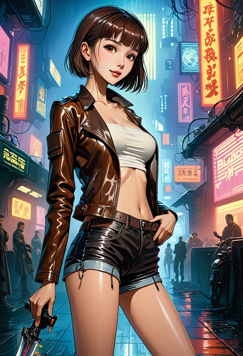 ((masterpiece,Highest quality:1.3)),cowboy shot,1woman、30-year-old beautiful detective、独奏,((very small head:1.5)),dark brown hair,short bob hair,blunt bangs,brown eyes,gorgeous eyes,shy,smile,medium breasts,((very long body:1.3)),(toned body,slender body,skinny),gleaming skin,shiny skin,oily skin,(leather jacket、Tube top shirt、Micro Shorts、World of Blade Runner、