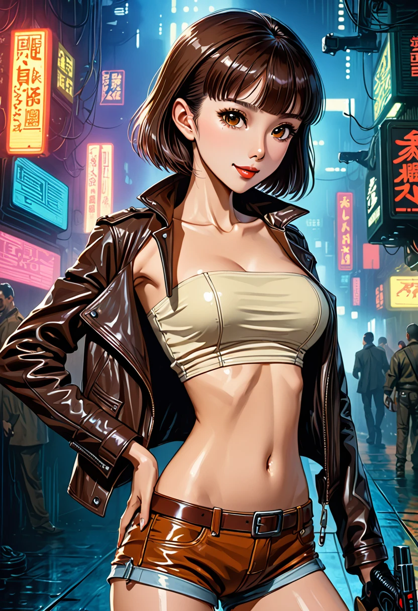 ((masterpiece,Highest quality:1.3)),cowboy shot,1woman、30-year-old beautiful detective、独奏,((very small head:1.5)),dark brown hair,short bob hair,blunt bangs,brown eyes,gorgeous eyes,shy,smile,medium breasts,((very long body:1.3)),(toned body,slender body,skinny),gleaming skin,shiny skin,oily skin,(leather jacket、Tube top shirt、Micro Shorts、World of Blade Runner、
