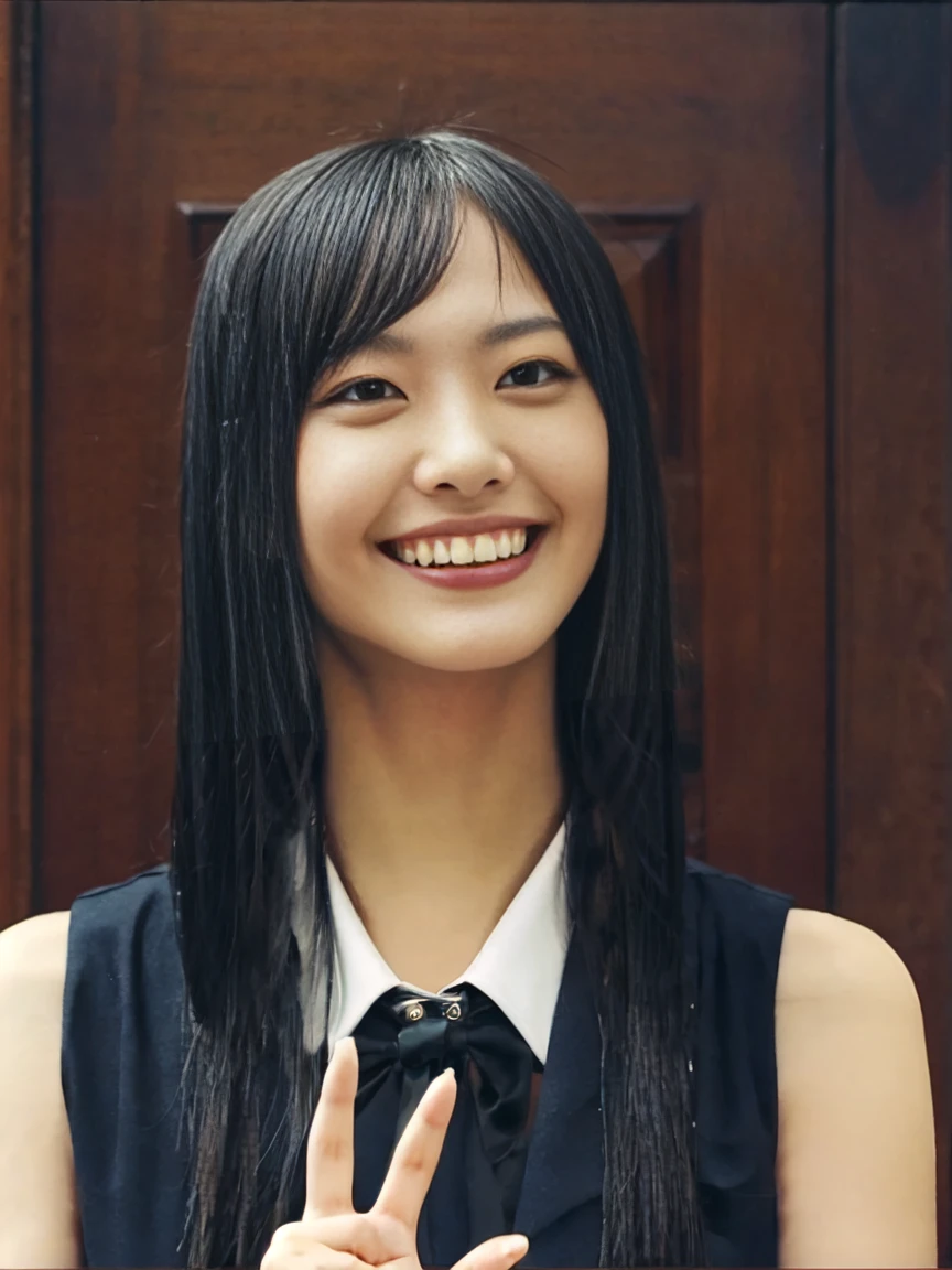 gothic model smiling raising her hand and making the sign of love and peace