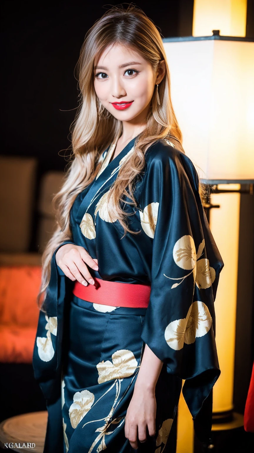 ((Highest quality、Tabletop、、Best image quality、Extremely intricate and detailed))、1 Beauty、red and gold courtesan costume、The most gorgeous and gorgeous oiran furisode、Gorgeous courtesan kimono、Luxurious tanning、(Blonde、Beautiful blonde、Elegantly tidy hair、Bright color contacts)、The background is the entertainment district、Guo You、Custom Street、Smiling for the camera、Photo from the waist up、Elegant standing posture、Elegant and noble、Recreating the perfect red light district details、1 photo、Perfect Anatomy、Perfect Fingers、Night Sex District、night excursion、Midnight、Cloudy、Lantern Light、Red lipstick、Long eyelashes、Perfect Makeup、Dark Night、Naked and wearing only a kimono、Detailed face