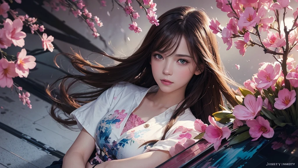32k, Masterpiece, Highest quality, One girl, Brown Hair, Detailed eyes, flower,Freesia, Pink and navy style,A dreamy, romantic piece,Pale yellow, Mysterious Leaves,A playful arrangement,Fantasy,High Contrast,Ink strokes,explosion,Exposure, Impression of pink and navy tones,Abstract,((Watercolours by John Berkey and Jeremy Mann )) Brush strokes,Negative Space, Tyndall effect,