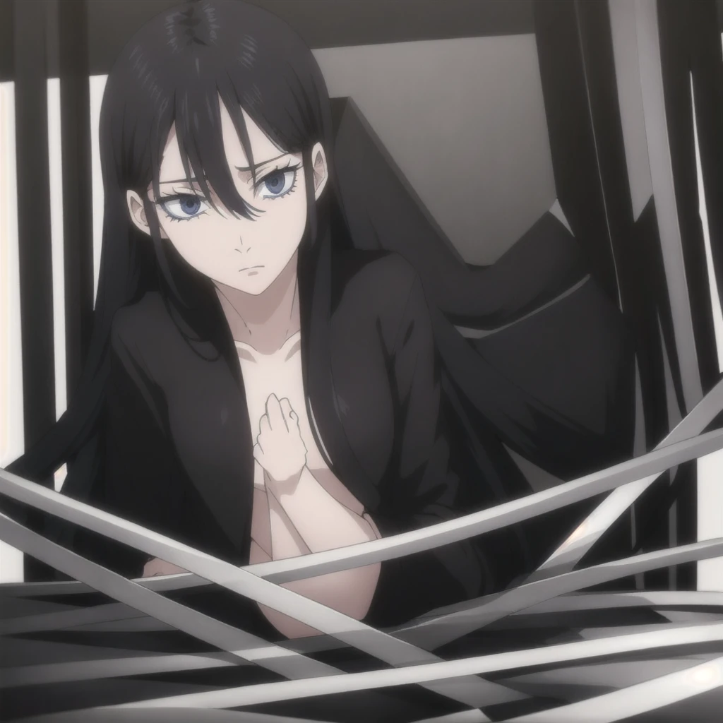 black-haired girl, long straight hair, serious expression, blue eyes1, long eyelashes2, hourglass-shaped body 