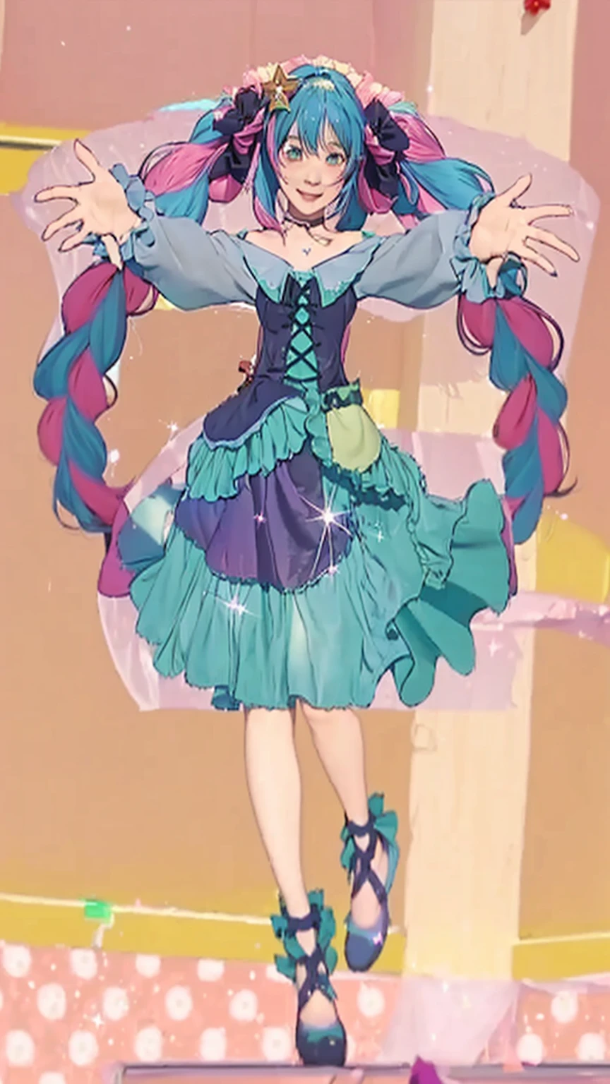 ((Masterpiece)), (best quality), (very detailed), ((very detailed)), 4k, (8k),2 girl,Hatsune Miku, girl in a dress with open her arms, my dress up darling in realistic style, style of magical girl, kawaii decora rainbowcore, frilly outfit, loli in dress, dressed in a frilly ((ragged)), sparkling magical girl, pink twintail hair and cyan eyes, stylized anime, magical dress