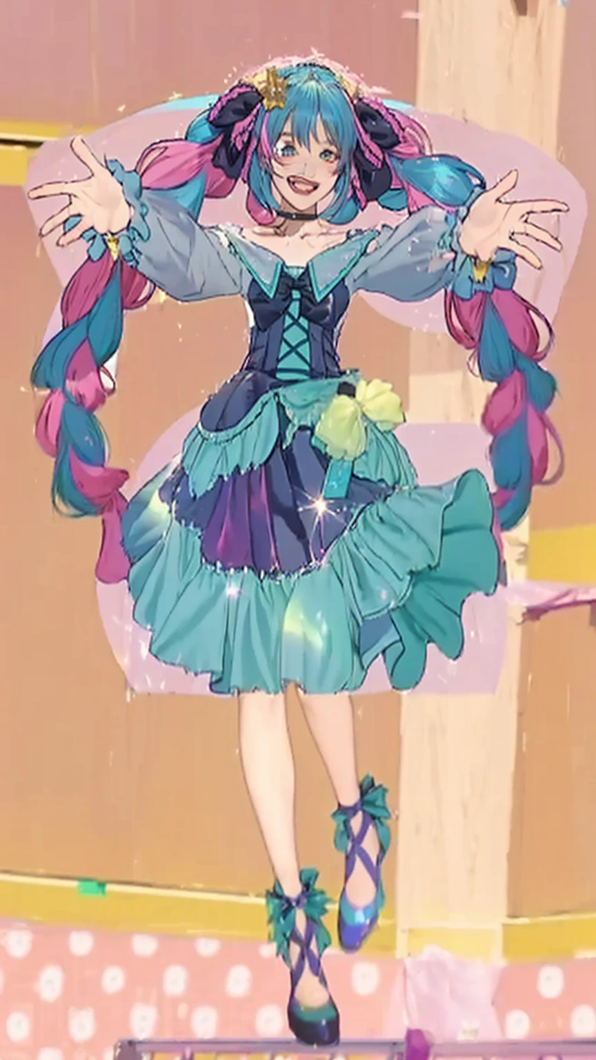 ((Masterpiece)), (best quality), (very detailed), ((very detailed)), 4k, (8k),2 girl,Hatsune Miku, girl in a dress with open her arms, my dress up darling in realistic style, style of magical girl, kawaii decora rainbowcore, frilly outfit, in dress, dressed in a frilly ((ragged)), sparkling magical girl, pink twintail hair and cyan eyes, stylized anime, magical dress