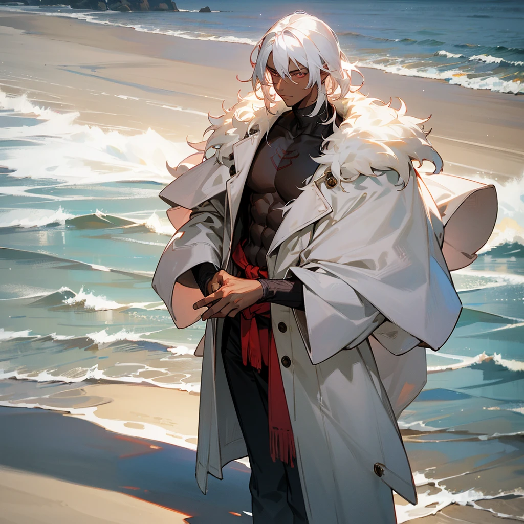 1male, young adult, dark skin, finely detailed crimson eyes, wild medium hair, seashell white hair color, long sleeve turtleneck sweater, oversized fur coat, standing on coast, day time, beach, somber expression, muscular, flowers, tattoos