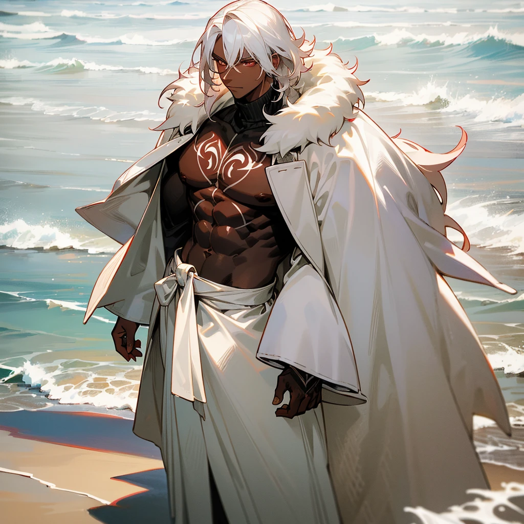 1male, young adult, dark skin, finely detailed crimson eyes, wild medium hair, seashell white hair color, long sleeve turtleneck sweater, oversized fur coat, standing on coast, day time, beach, somber expression, muscular, flowers, tattoos