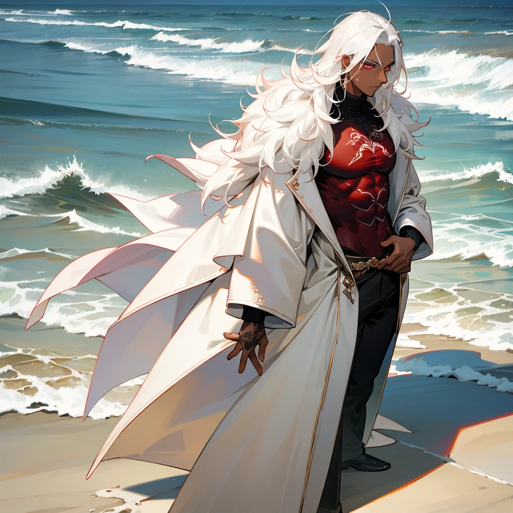 1male, young adult, dark skin, finely detailed crimson eyes, wild medium hair, seashell white hair color, long sleeve turtleneck sweater, oversized fur coat, standing on coast, day time, beach, somber expression, muscular, flowers, tattoos