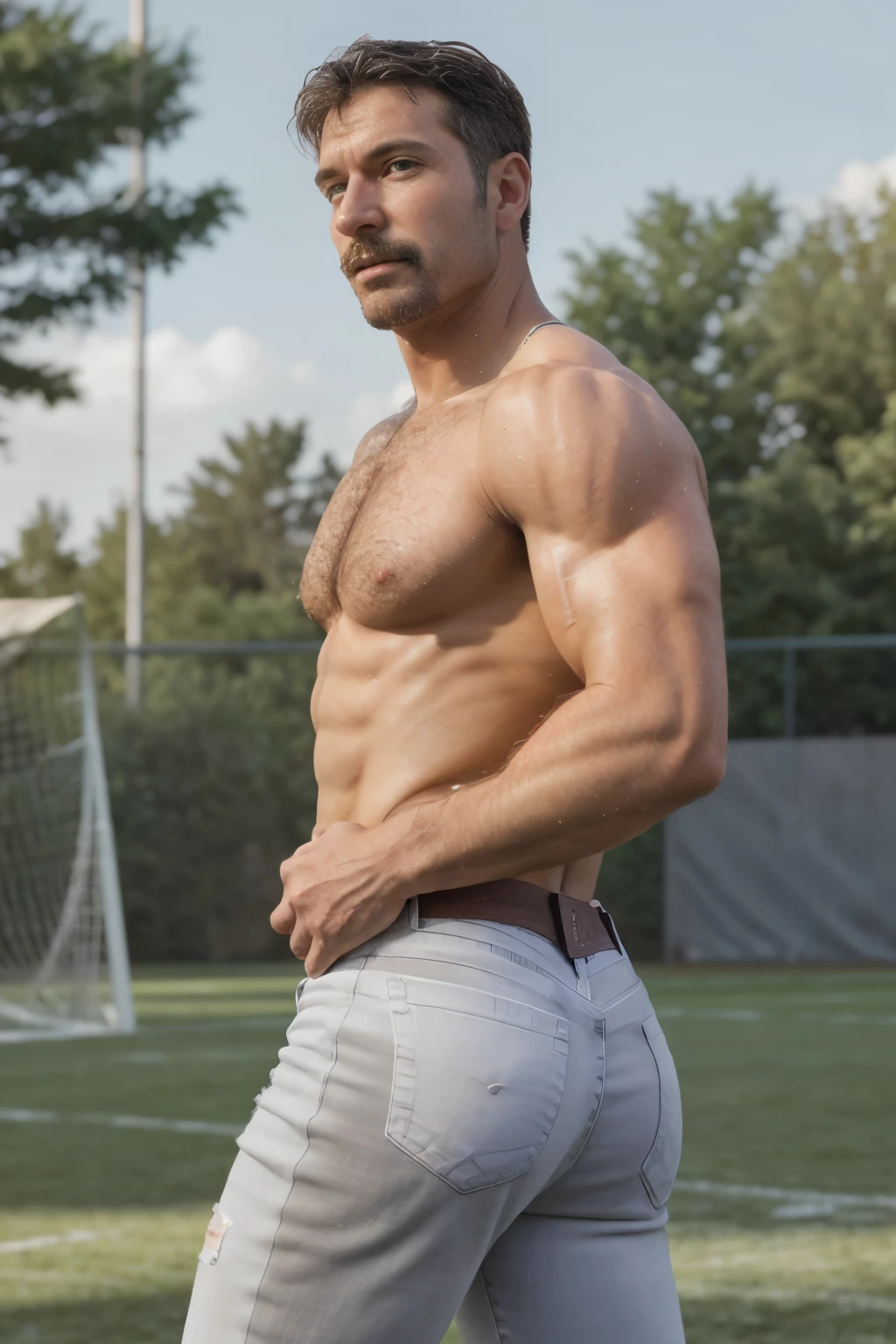 (((very Muscular man))) masterpiece, best quality, high resolution, A man, 50 years old, grey hair, soccer player, football player, grey silver hair, messy hairstyle, cute and seductive face, bare chest, body hair, facial hair, roman nose, , hairy legs, cute, dimples, goatee and mustache, bold jawline , full body, sweaty, in the background an outdoor soccer football field, amazing composition, , HDR, ultra quality, elegant, highly detailed,, beautiful asd, realisric male genitalia (((Big muscles))) (((blue white jeans))) backside, big butt