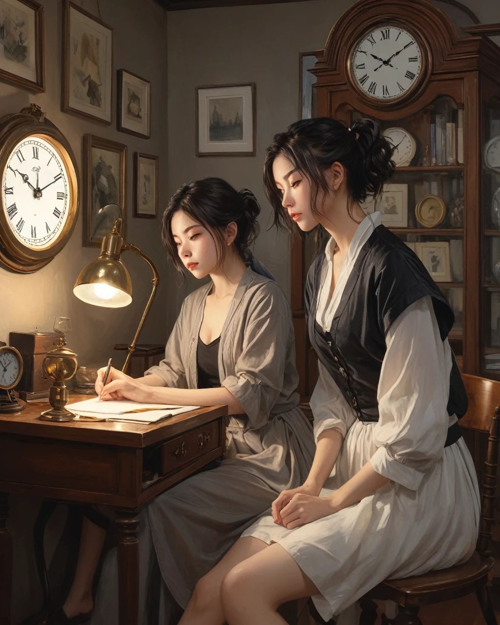 Mix with the background, They are two women in a room with a clock and a lamp., WLOP y ROSS Tran, wlop and andrei riabovitchev, Ross Tran y Bayard Wu, Edgar Maxence and Ross Tran, Wlop and Sakimichan, Ross Tran y Wlop, Loish and Ross Tran, WLOP and Ross Thran, Wlop and Ross draw.
