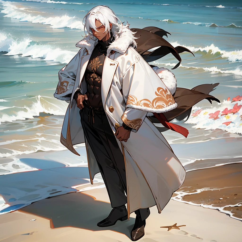 1male, young adult, dark skin, finely detailed crimson eyes, wild medium hair, seashell white hair color, long sleeve turtleneck sweater, oversized fur coat, standing on coast, day time, beach, somber expression, muscular, flowers, tattoos