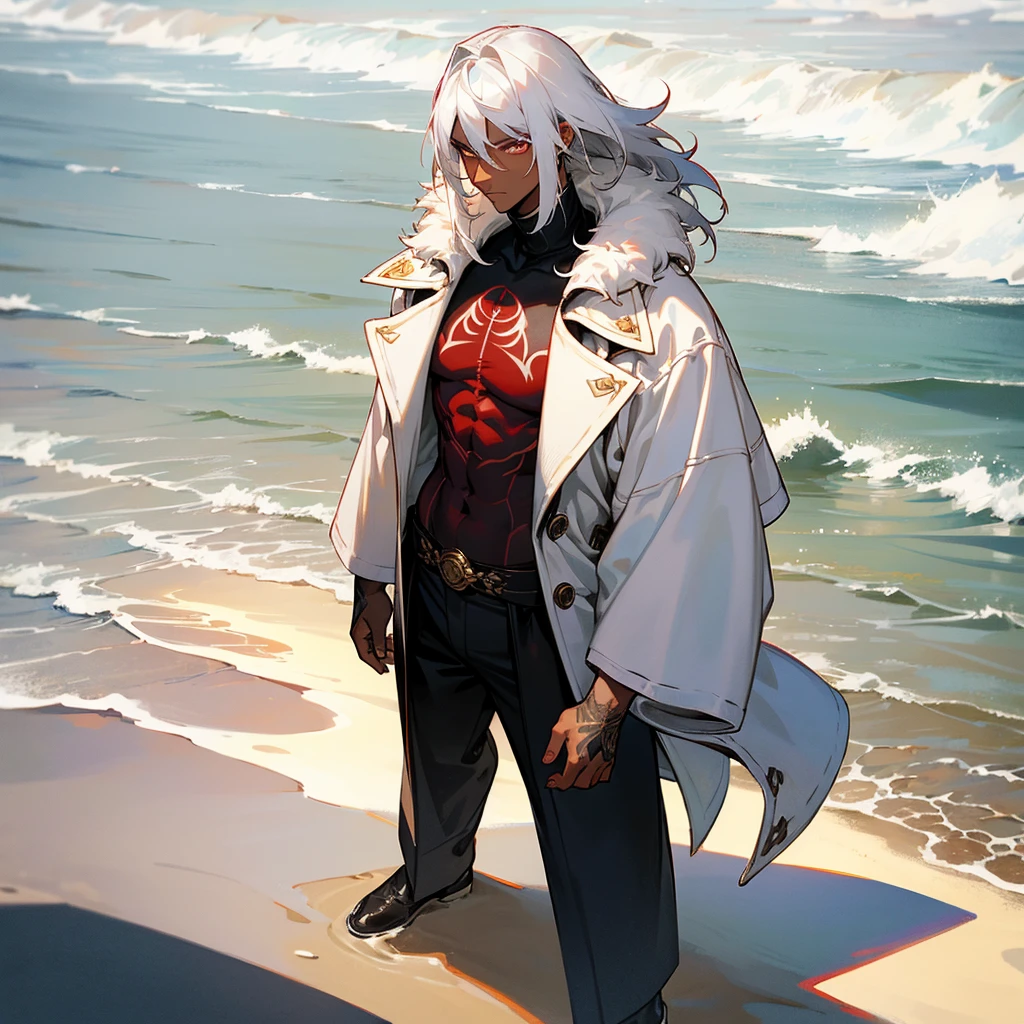1male, young adult, dark skin, finely detailed crimson eyes, wild medium hair, seashell white hair color, long sleeve turtleneck sweater, oversized fur coat, standing on coast, day time, beach, somber expression, muscular, flowers, tattoos
