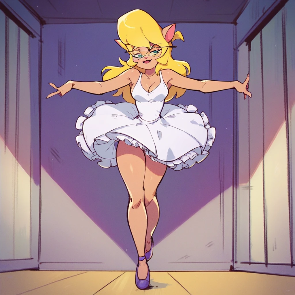Callie briggs, 1girl solo, indoors, stage, looking at viewer, front view, standing, pirouette, legs, light pink frilly tutu, thicc thighs, ballerina, ballet slippers, white panties with pink hearts