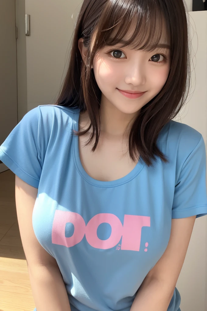 povbreastgrab, solo focus, 1girl, blush, looking at viewer, upper body, smile, bangs, sweat, wearing t-shirt