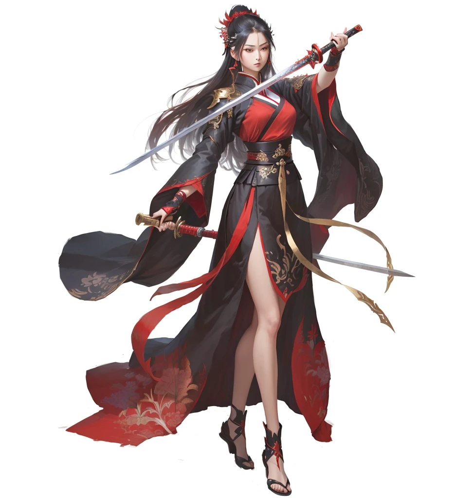 A woman in red holding a sword,Dressed in red, Full body fairy, Full body martial arts, Onmyoji detailed art, she is holding a Samurai sword sword, Inspired by Guillaume, heise jinyao, Inspiration from Du Qiong, Samurai sword zero video game character, Samurai sword, xianxia hero
