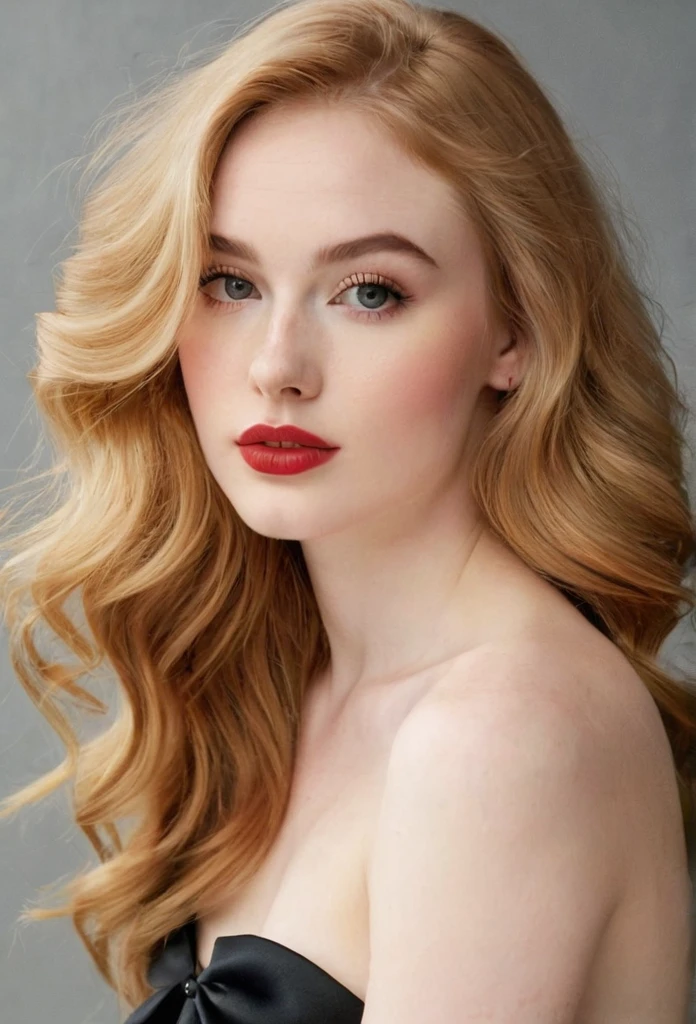 A young woman with a pear-shaped body, narrow shoulders, small bust, narrow waist, wider hips, and full, rounded thighs. She has smooth, pale skin, long wavy strawberry blonde hair, large almond-shaped hazel eyes with thick dark lashes, a heart-shaped face, high cheekbones, a small upturned nose, and full rosy lips, short legs, full body portrait