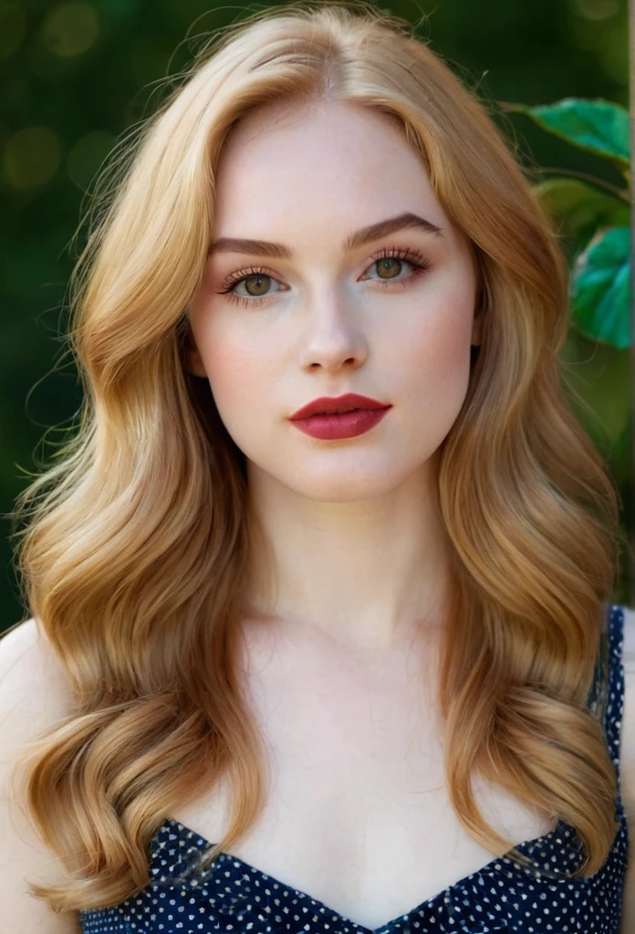 A young woman with a pear-shaped body, narrow shoulders, small bust, narrow waist, wider hips, and full, rounded thighs. She has smooth, pale skin, long wavy strawberry blonde hair, large almond-shaped hazel eyes with thick dark lashes, a heart-shaped face, high cheekbones, a small upturned nose, and full rosy lips, short legs, full body portrait