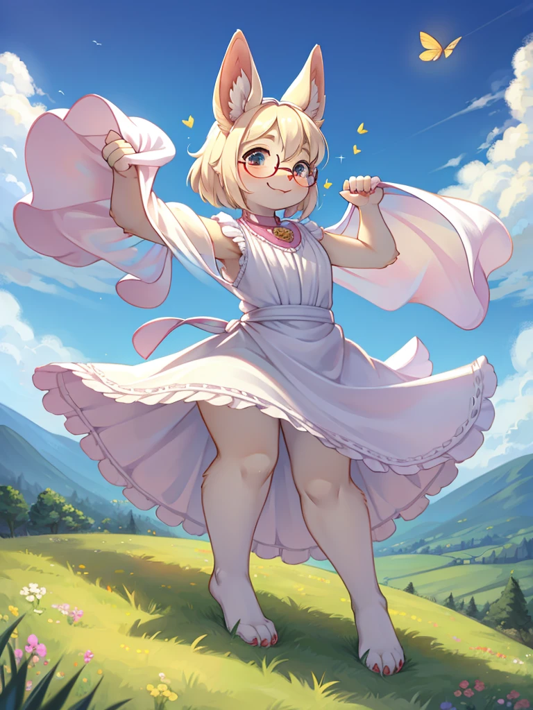 Hallucination , ugly geek Sow , (butterface) , relaxed Fluttering white thin dress , Dancing on the top of hill , halation , Strong sunlight , The fabric is see-through, so your skin is visible , Clothing erotica , (labia:0.4)
