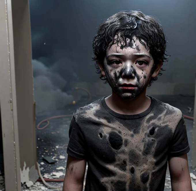 Boy covered in soot during an explosion scene in a comedy drama