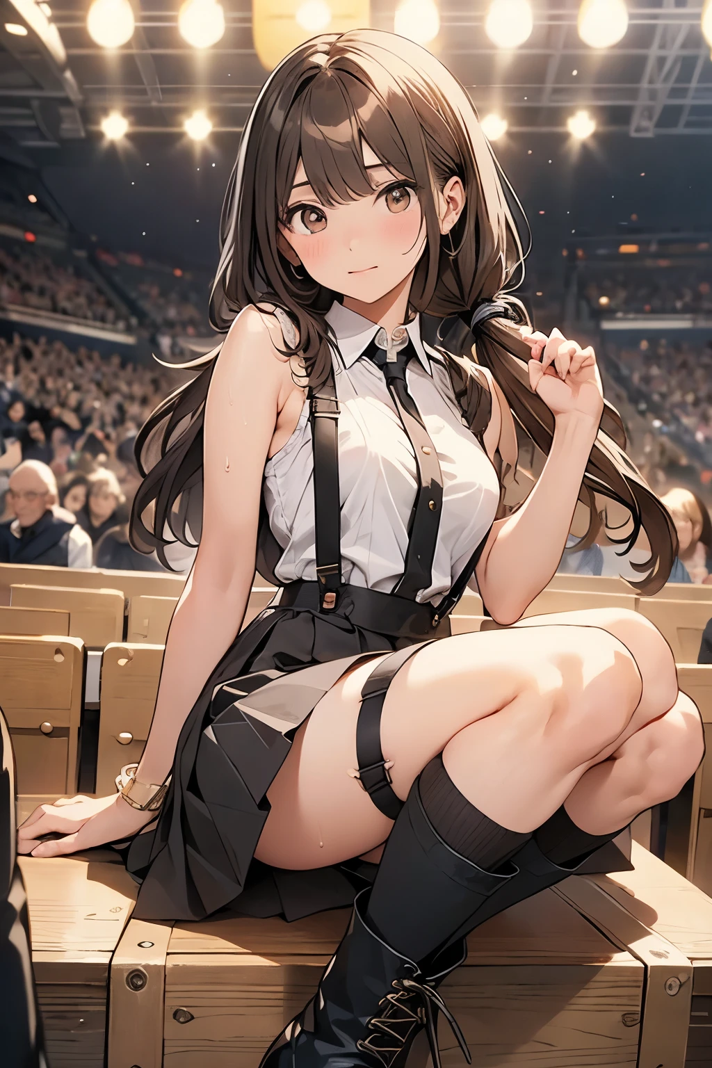 Brown Hair、Looking at the audience suspenders bulging big breasts Black mini skirt garter belt Knee-high socks sight Small face bangs beauty Show your hand sight Black boots Taunt Armpit sweat One person Put your hands behind your back Dress shirt Panty shot hazy consciousness Taunt ponytail