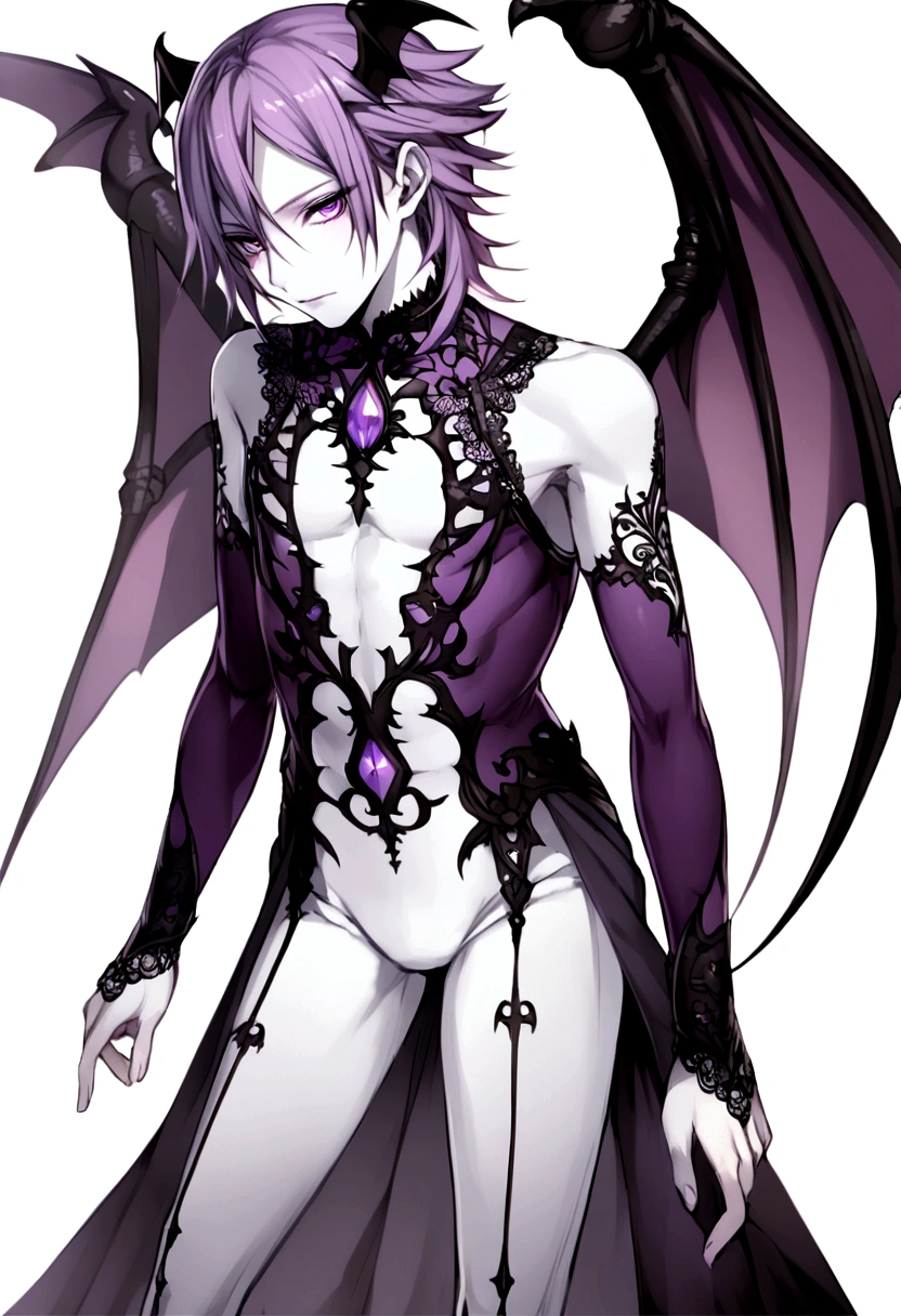 A young man with a demon wings, dark violet mid half hair, white skin, light purple eyes