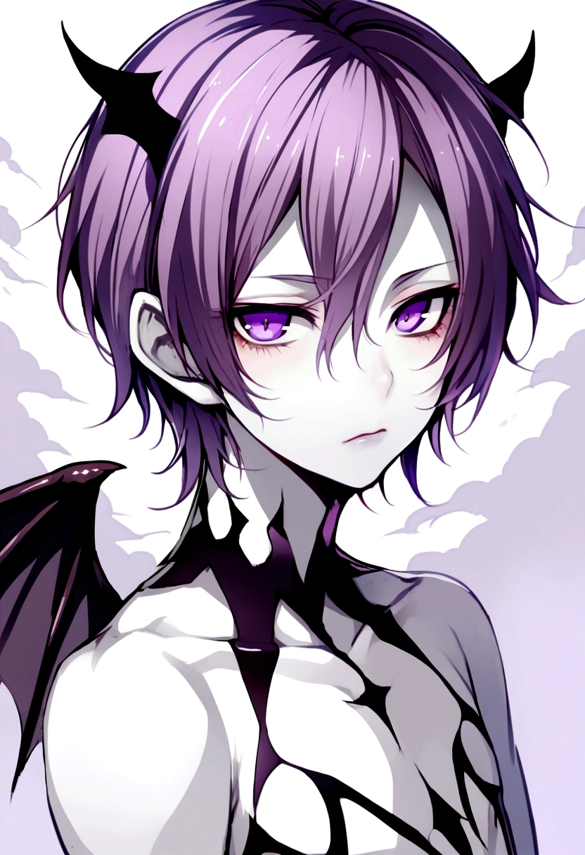 A young man with a demon wings, dark violet mid half hair, white skin, light purple eyes