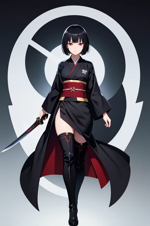 Anime Art、Full body portrait、Fantasy World Assassin、A woman around 27 years old, around 160cm tall, wearing a black kimono and a white tight skirt, walking with a short sword in her hand、Crying expression、Short medium hairstyle、Black Hair、Red Eyes、Black Thigh Boots、gloves、Flat chest