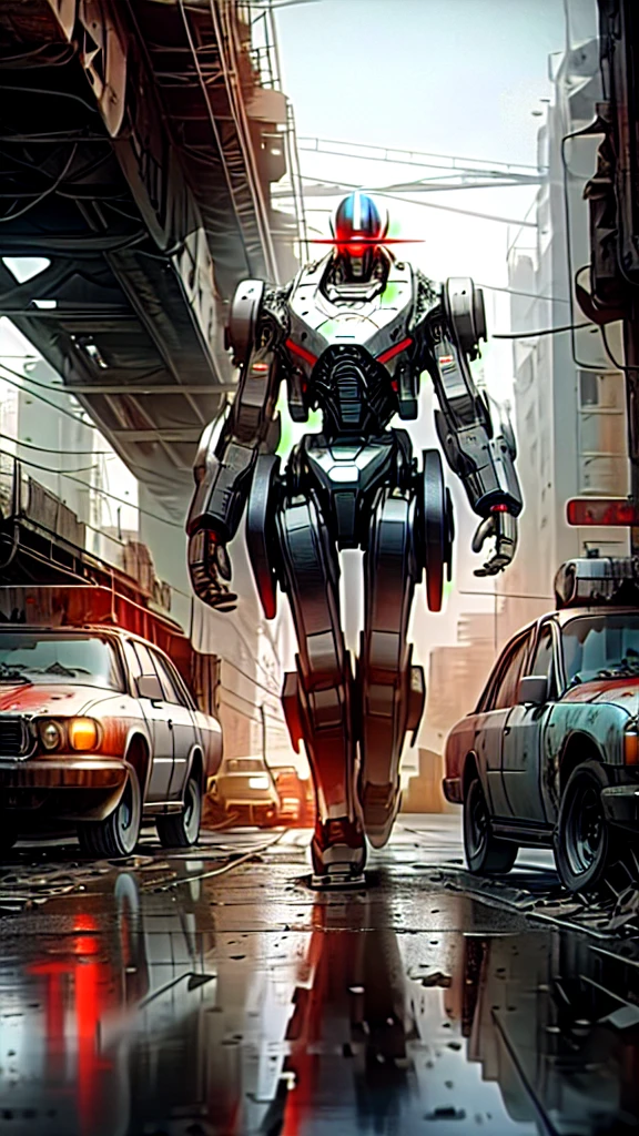 A black robot, with red details, walking in a bridge, many abandoned cars, post apocalyptic scene. The illustration is in high definition at 4k resolution, with highly-detailed features and cinema-style visuals. Animation 3d style, hyper realistic, 60mpx, cold cinematic illumination, high steel textures, many reflects in your body. Wide view, aerea view