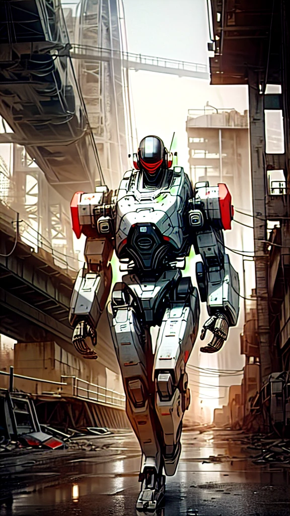 A black robot, with red details, walking in a bridge, many abandoned cars, post apocalyptic scene. The illustration is in high definition at 4k resolution, with highly-detailed features and cinema-style visuals. Animation 3d style, hyper realistic, 60mpx, cold cinematic illumination, high steel textures, many reflects in your body. Wide view, aerea view