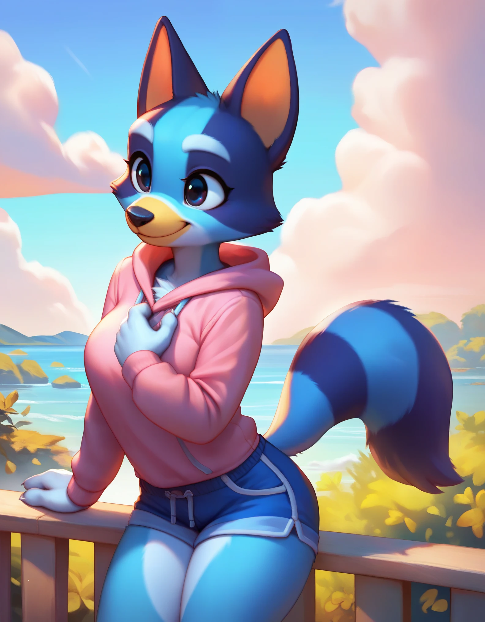 score_9, score_8_up, score_8, 1girl, source_cartoon, source_furry, blueyxl, bluey heeler, (boxchibi:0.2), 18 year old girl, cowboy shot, anthro, furry, tail, blue body, animal ears, flat shaded background, sky, day, cloud, blue sky, curvy, femanine, hourglass figure, , detailed fur texture, cute outfit, blue shorts, pink shirt, long sleeve, 