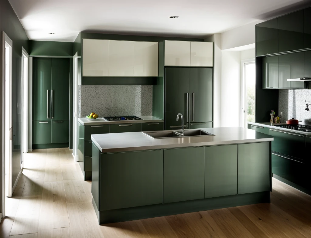 interior kitchen, modern style, timber floor, ((forage green cabinets and legato silk cabinet upper)), silver fridge, sink, pendants, light, realistic photo, high quality photo, (masterpiece),(realistic: 1.2),